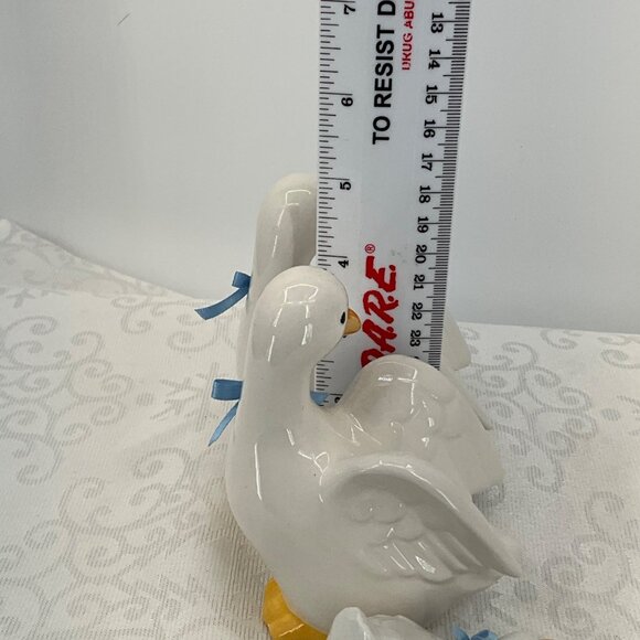 Ceramic Goose Figurine Set With Blue Ribbon Accents - Picture 9 of 10